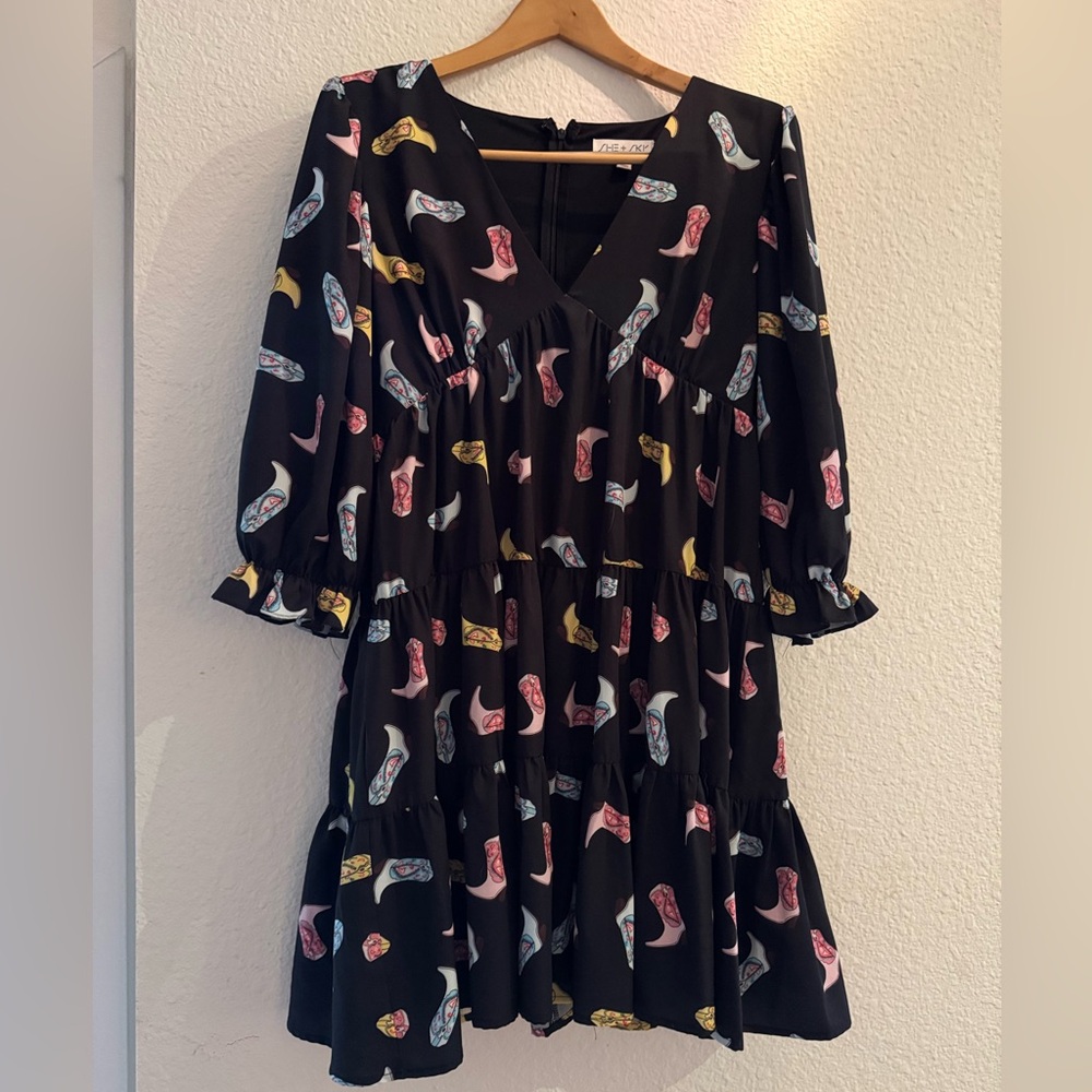 She + Sky Black Dress with Multicolor Shoe Pattern